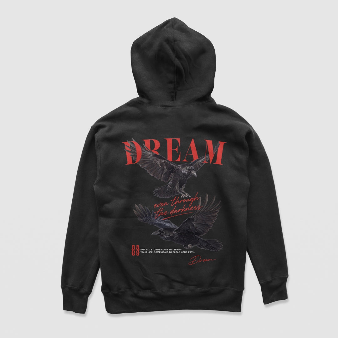 Through Darkness Hoodie — Black — Back (DREAM ravens graphic, oversized cut)