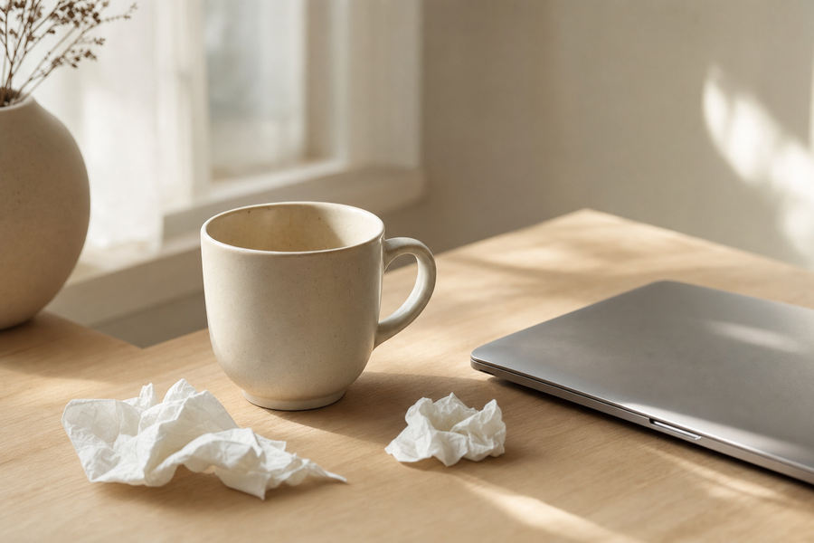 empty coffee mug on a wooden desk with a closed laptop, editorial burnout still life