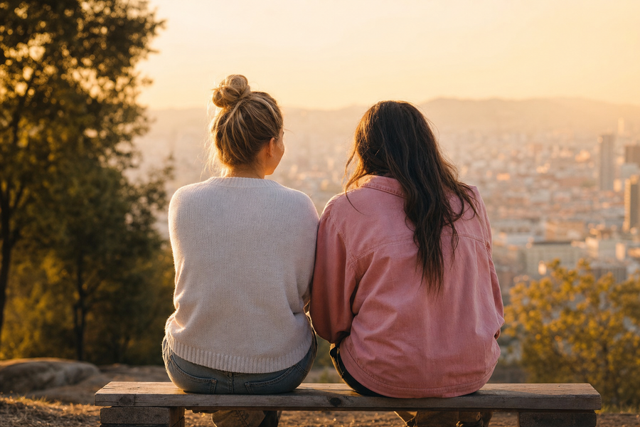 two friends sitting on a wooden bench at golden hour, editorial mental health photography