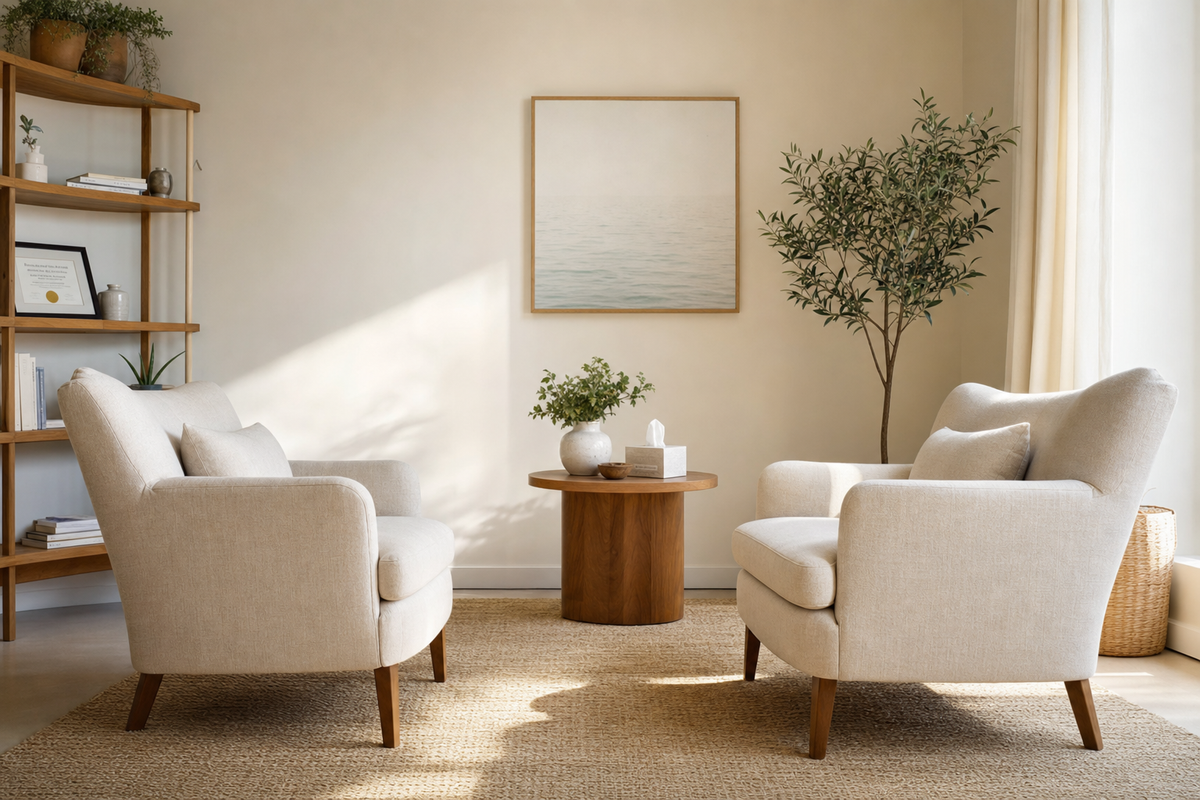 two empty linen chairs in a soft sunlit therapy room, editorial photography