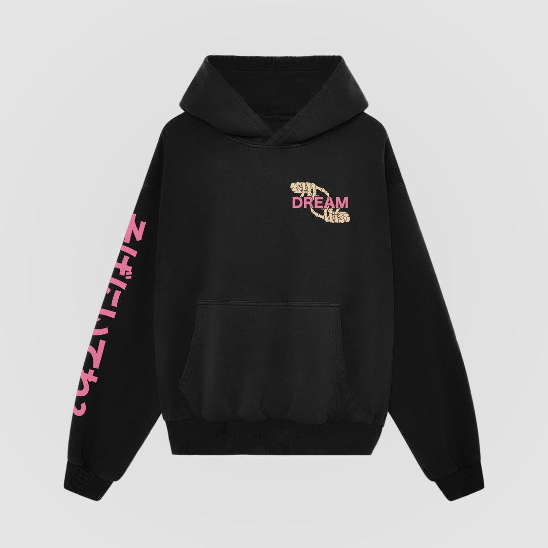 Stay By My Side Oversized Hoodie front, black with DREAM skeleton hands chest print