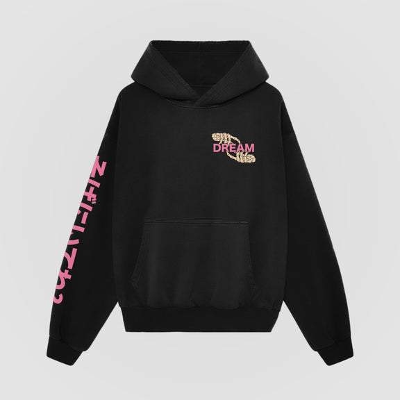 Stay By My Side Oversized Hoodie front, black with DREAM skeleton hands chest print