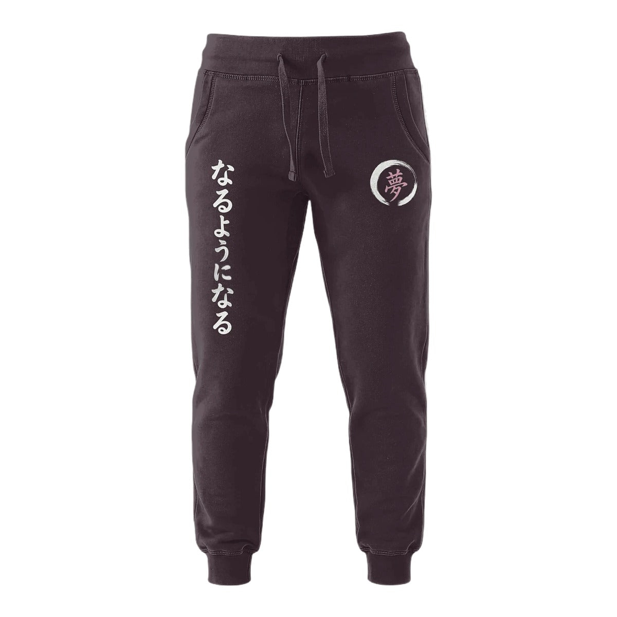 Things Become mulberry joggers, front view — white kanji leg print and dream enso mark