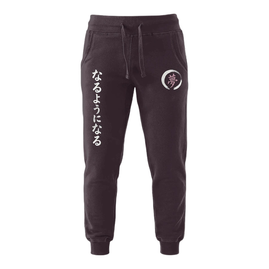 Things Become mulberry joggers, front view — white kanji leg print and dream enso mark
