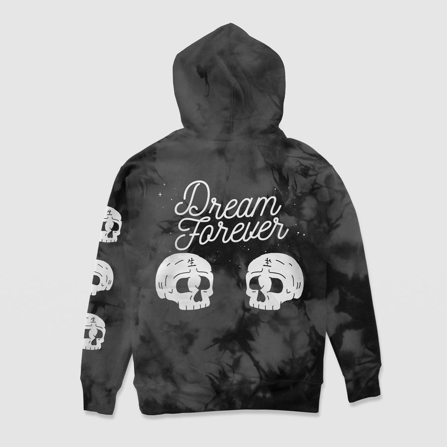 Dream Forever Smoke Hoodie — Black Smoke — Back (Dream Forever script, twin skulls)