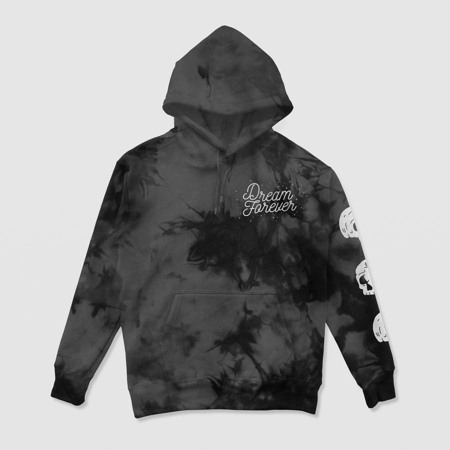 Dream Forever Smoke Hoodie — Black Smoke — Front (Dream Forever chest script, skull sleeve)