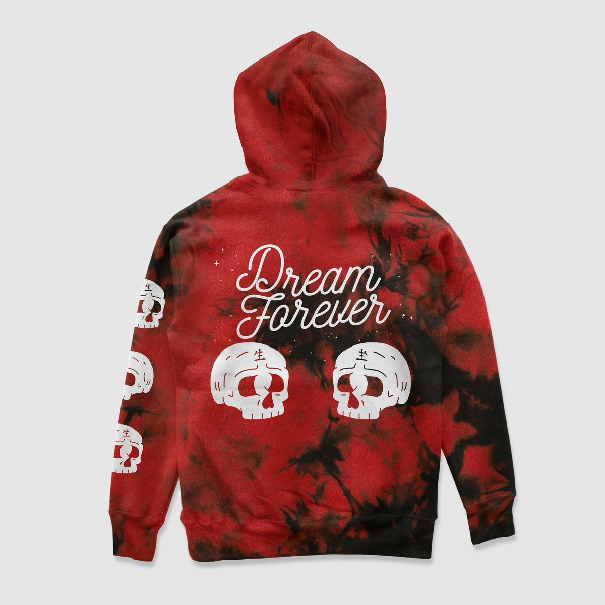 Dream Forever Smoke Hoodie — Red Smoke — Back (Dream Forever script, twin skulls)
