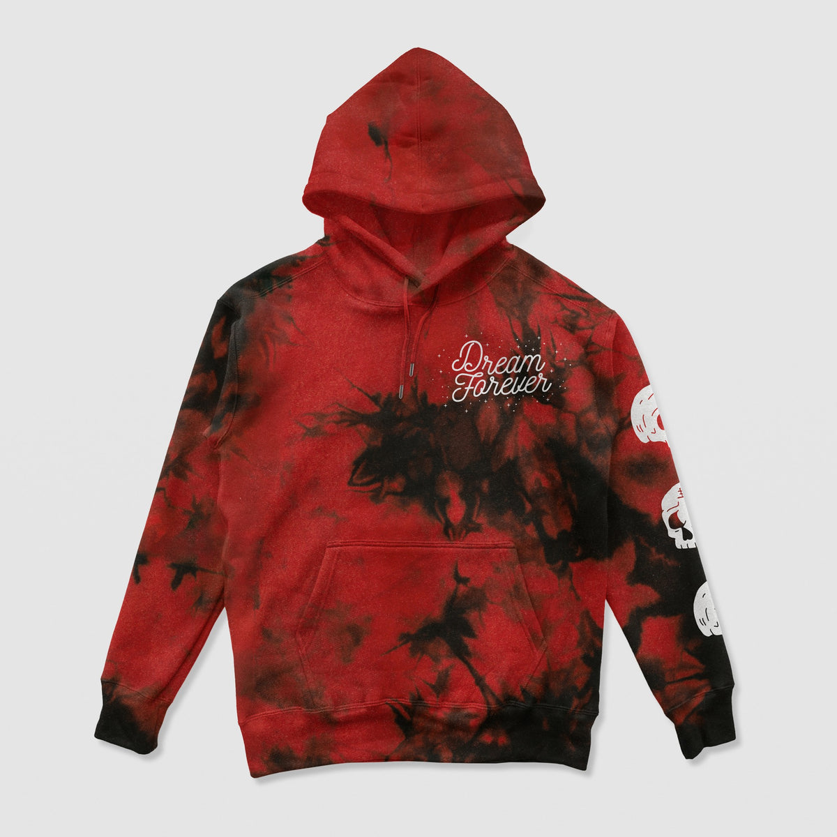 Dream Forever Smoke Hoodie — Red Smoke — Front (Dream Forever chest script, skull sleeve)