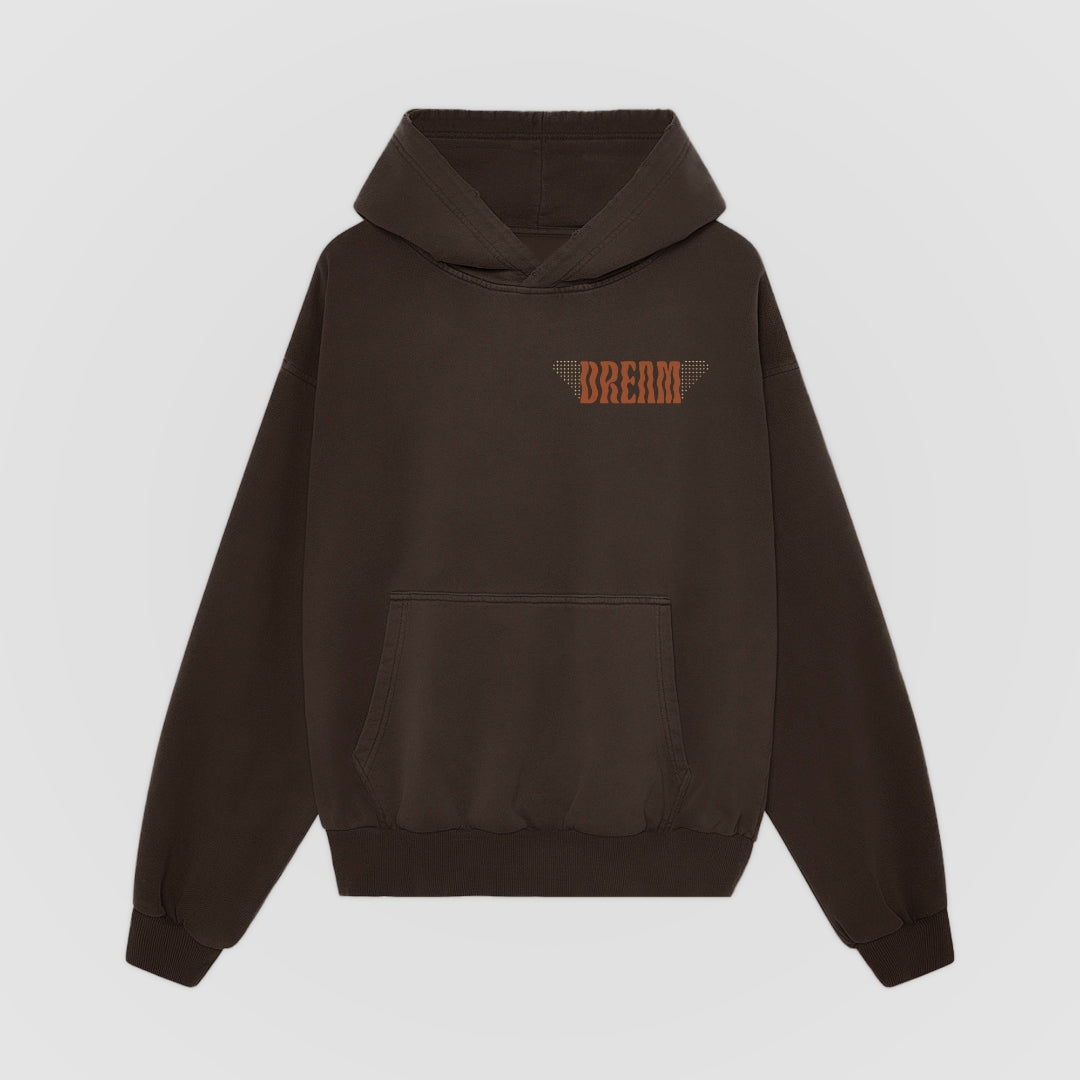 Good Fortune Oversized Hoodie — Brown — Front (chest DREAM wordmark)