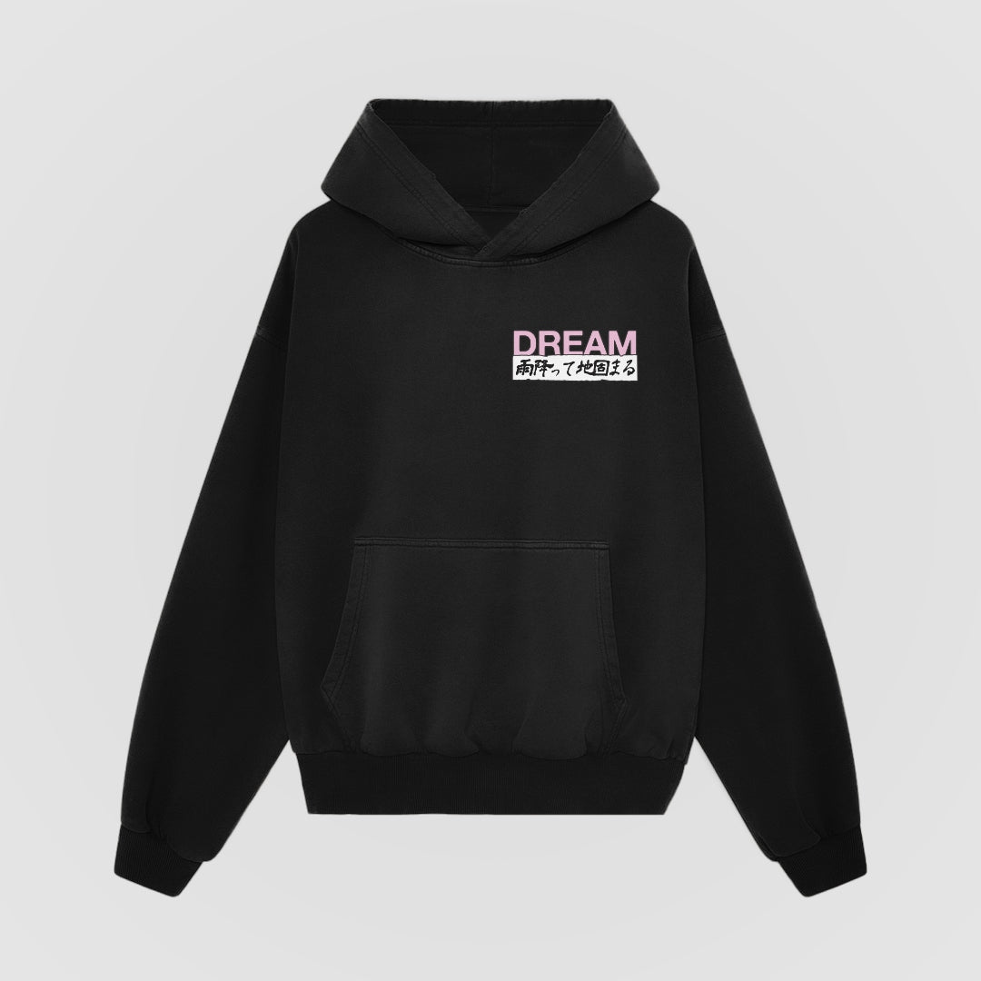 Heavy Rain black oversized hoodie, front view - DREAM. mental health streetwear