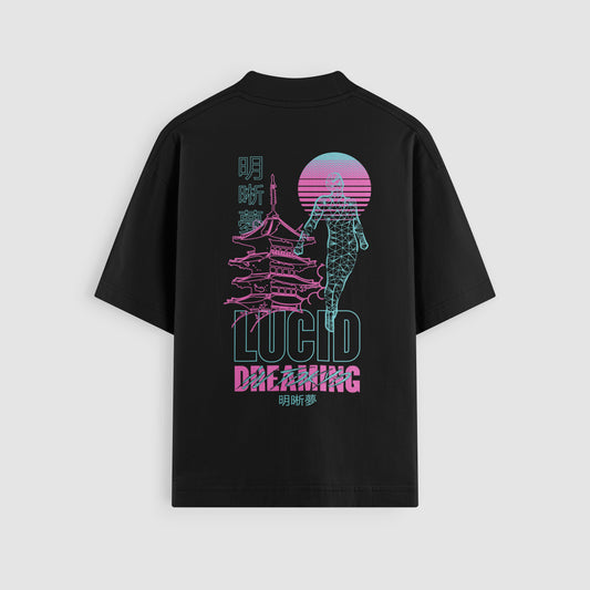 Lucid Dreaming Black Oversized Tee, back view - DREAM. mental health streetwear