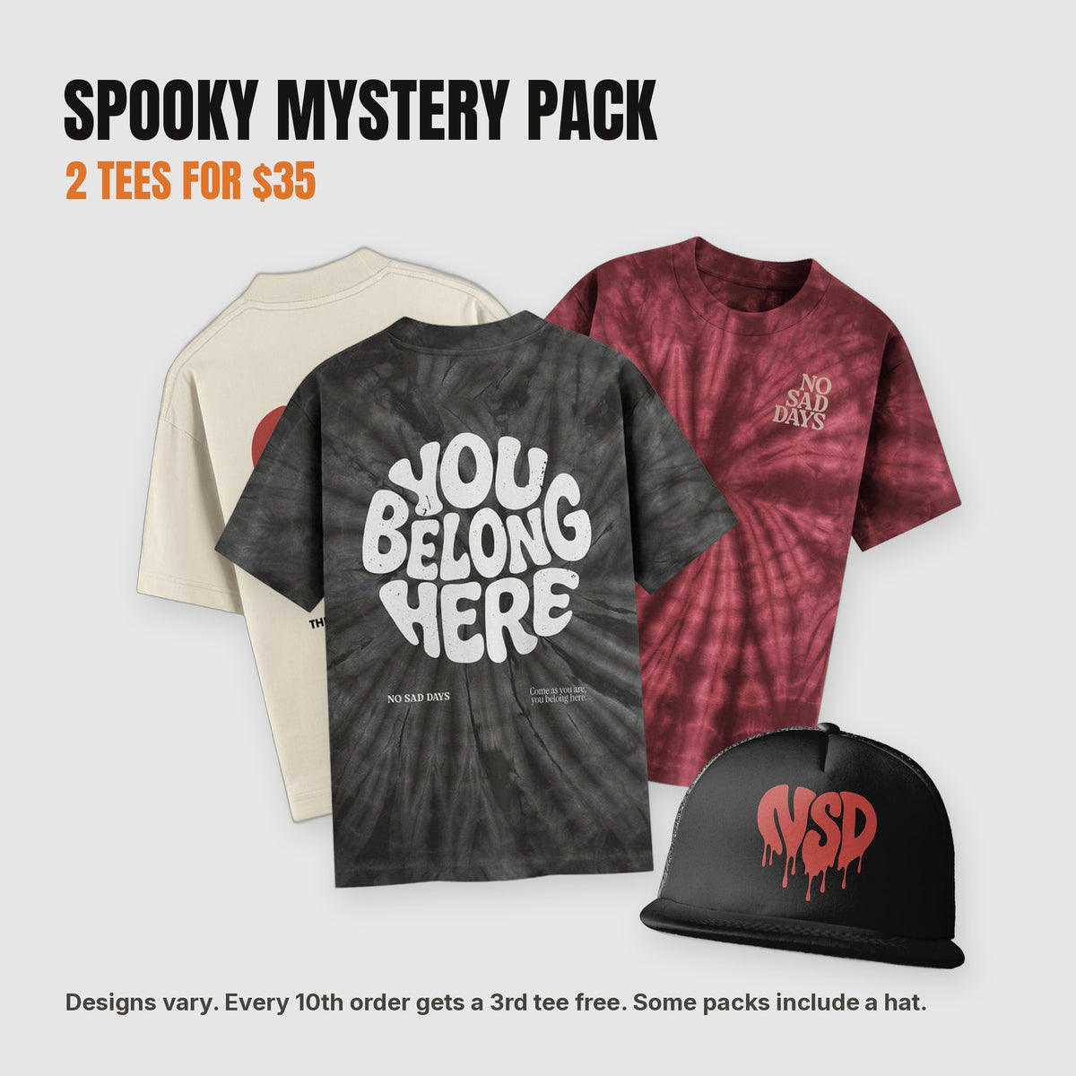 Spooky Mystery Pack with two DREAM and No Sad Days archive tees