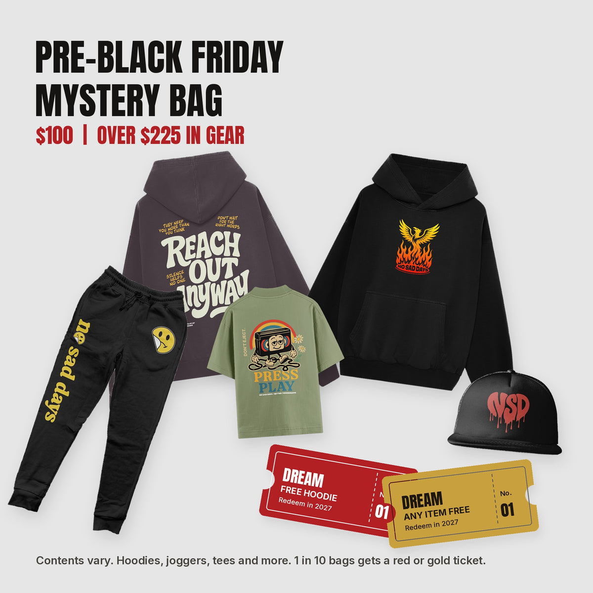 Pre-Black Friday Mystery Bag with hoodies, joggers, a tee, a hat and red and gold tickets