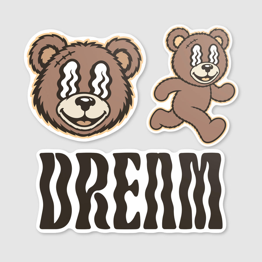 DREAM. Somni Bear sticker pack — face, running bear, and wordmark stickers