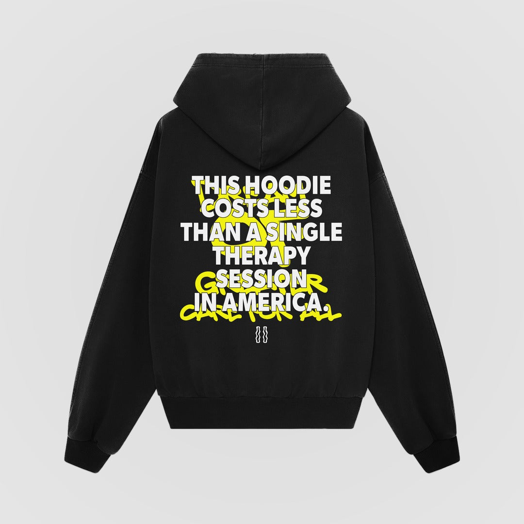 Therapy Oversized Hoodie — Black — Back (This hoodie costs less than a single therapy session in America.)