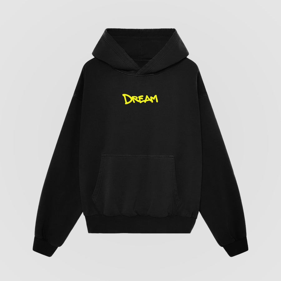Therapy Oversized Hoodie — Black — Front (yellow DREAM chest script)