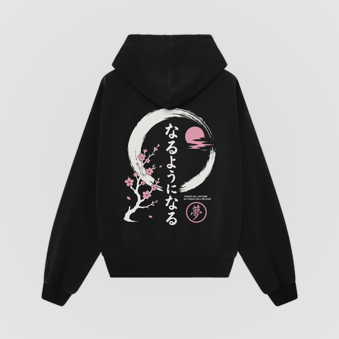 Things Become Oversized Hoodie — Black — Back (なるようになる kanji, sakura & moon)