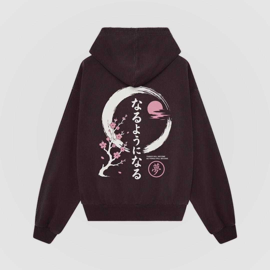Things Become Oversized Hoodie — Mulberry — Back (なるようになる kanji, sakura & moon)