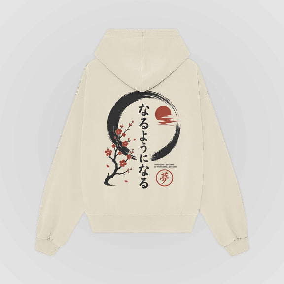 Things Become Oversized Hoodie — Cream — Back (なるようになる kanji, sakura & moon)