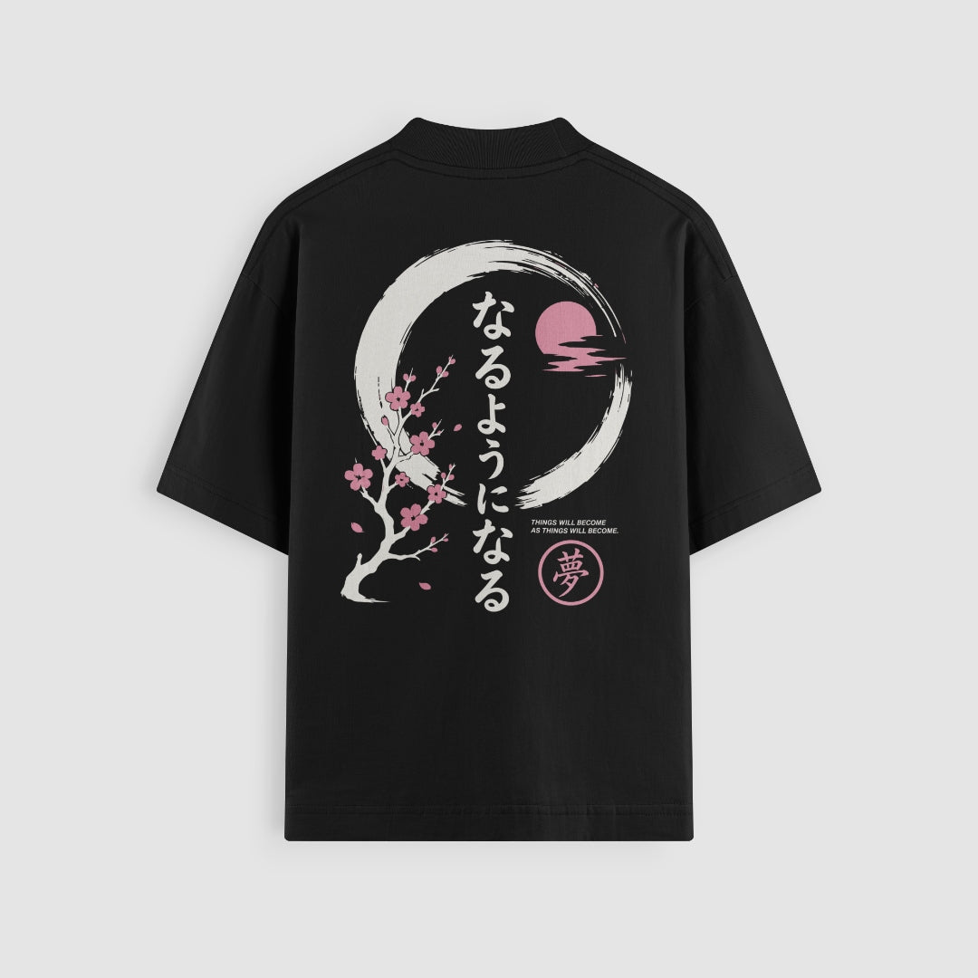 Things Become Oversized Tee — Black — Back (なるようになる kanji, sakura & moon)