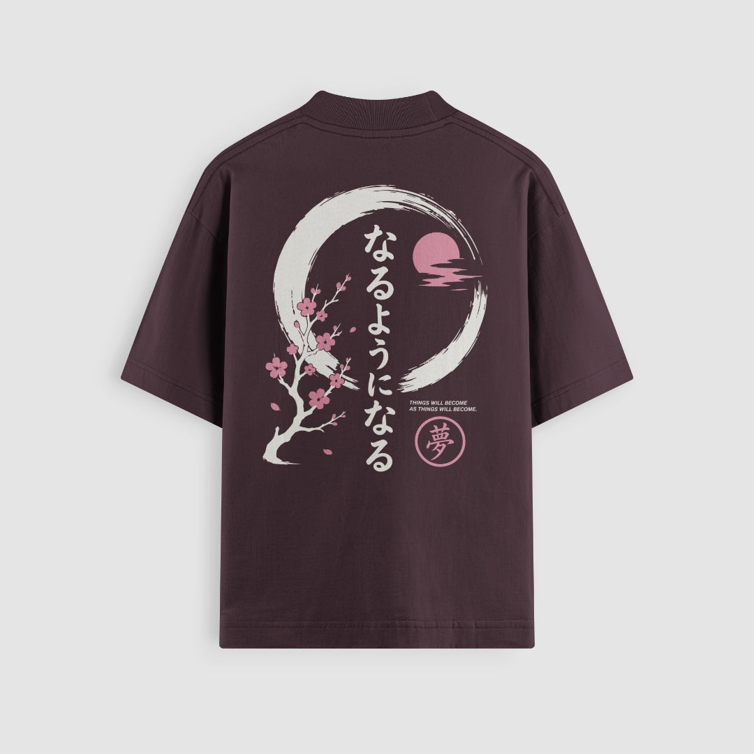 Things Become Oversized Tee — Mulberry — Back (なるようになる kanji, sakura & moon)