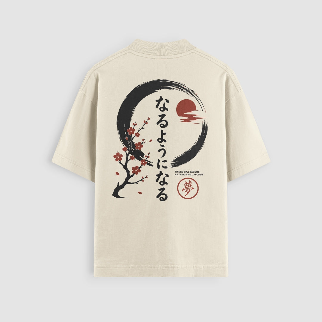Things Become Oversized Tee — Cream — Back (なるようになる kanji, sakura & moon)