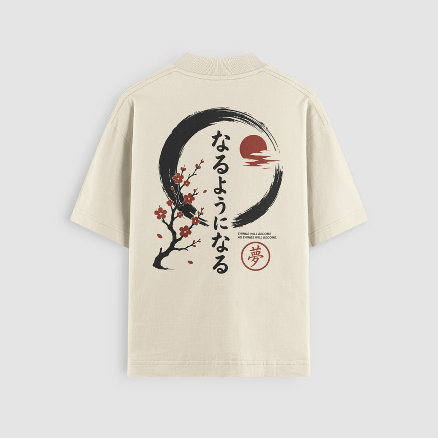 Things Become Oversized Tee — Cream — Back (なるようになる kanji, sakura & moon)