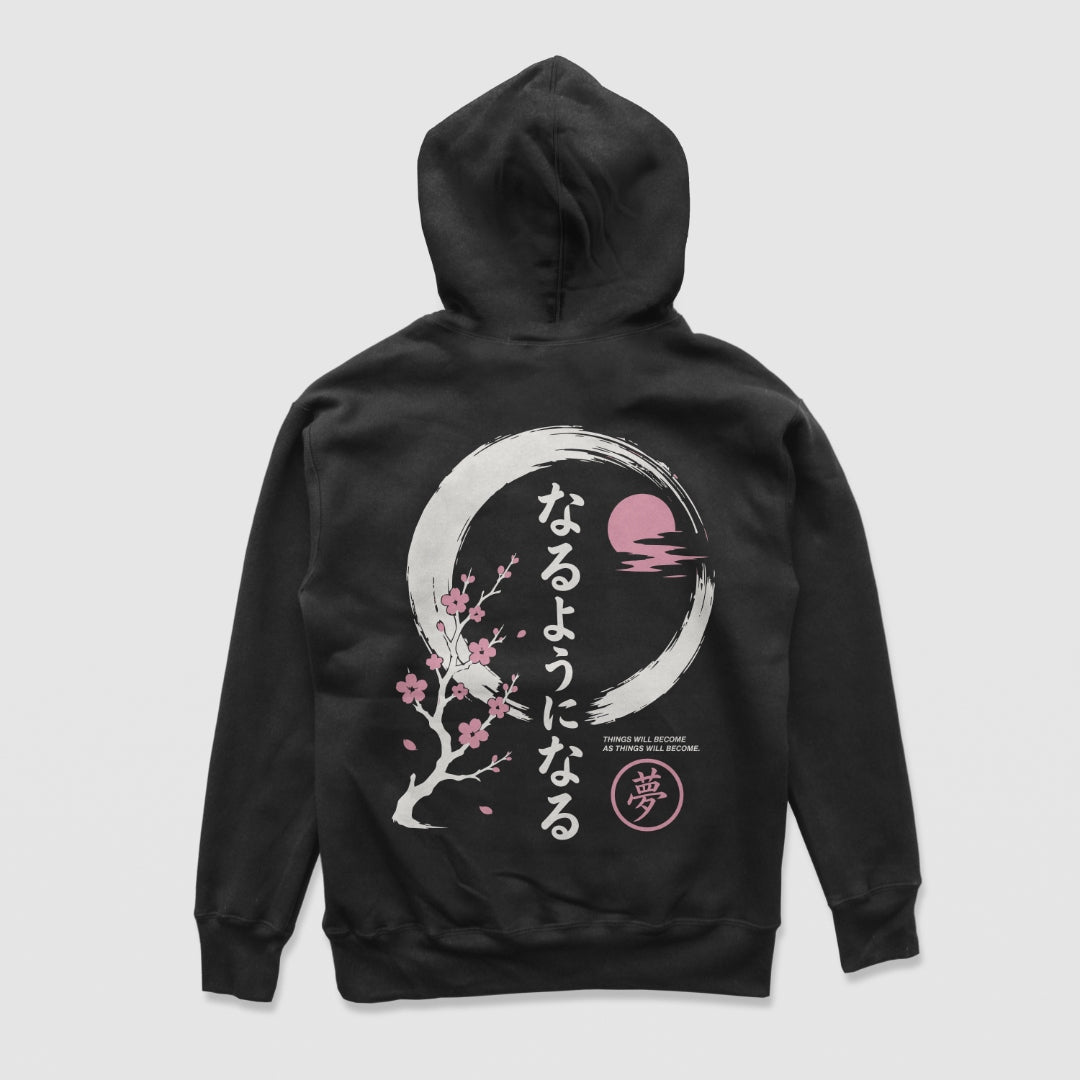 Things Become Standard Hoodie — Black — Back (なるようになる kanji, sakura & moon)