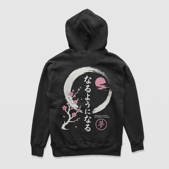 Things Become Standard Hoodie — Black — Back (なるようになる kanji, sakura & moon)