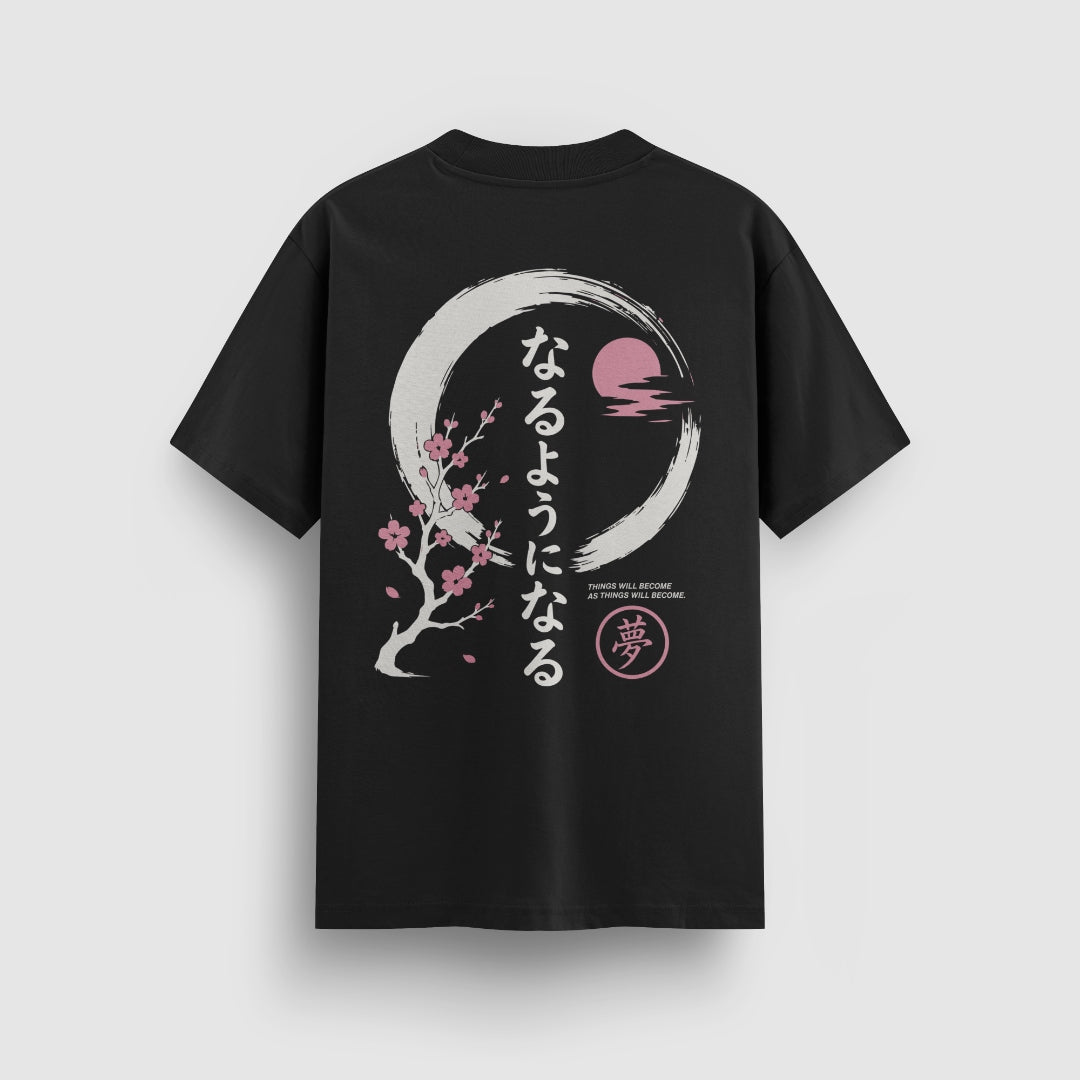 Things Become Standard Tee — Black — Back (なるようになる kanji, sakura & moon)