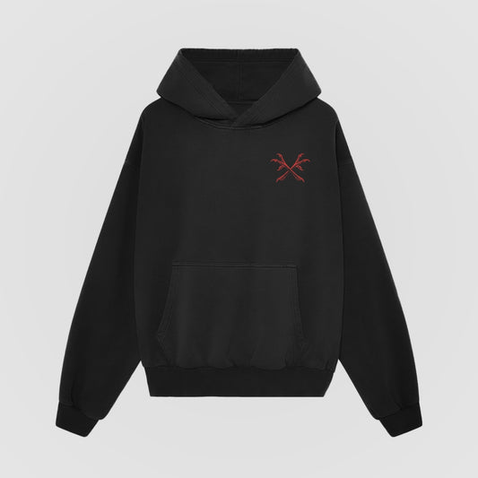 Through Darkness Oversized Hoodie — Black — Front (chest crossed scythes)