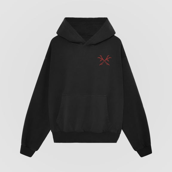 Through Darkness Oversized Hoodie — Black — Front (chest crossed scythes)