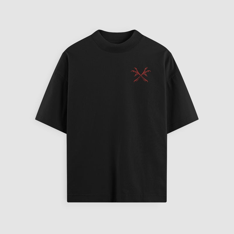 Through Darkness Oversized Tee — Black — Front (chest crossed scythes)
