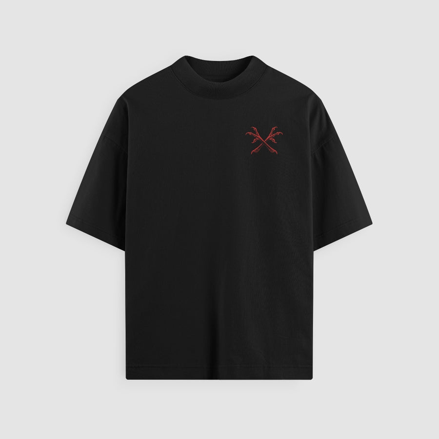 Through Darkness Oversized Tee — Black — Front (chest crossed scythes)