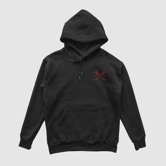 Through Darkness Standard Hoodie — Black — Front (chest crossed scythes)