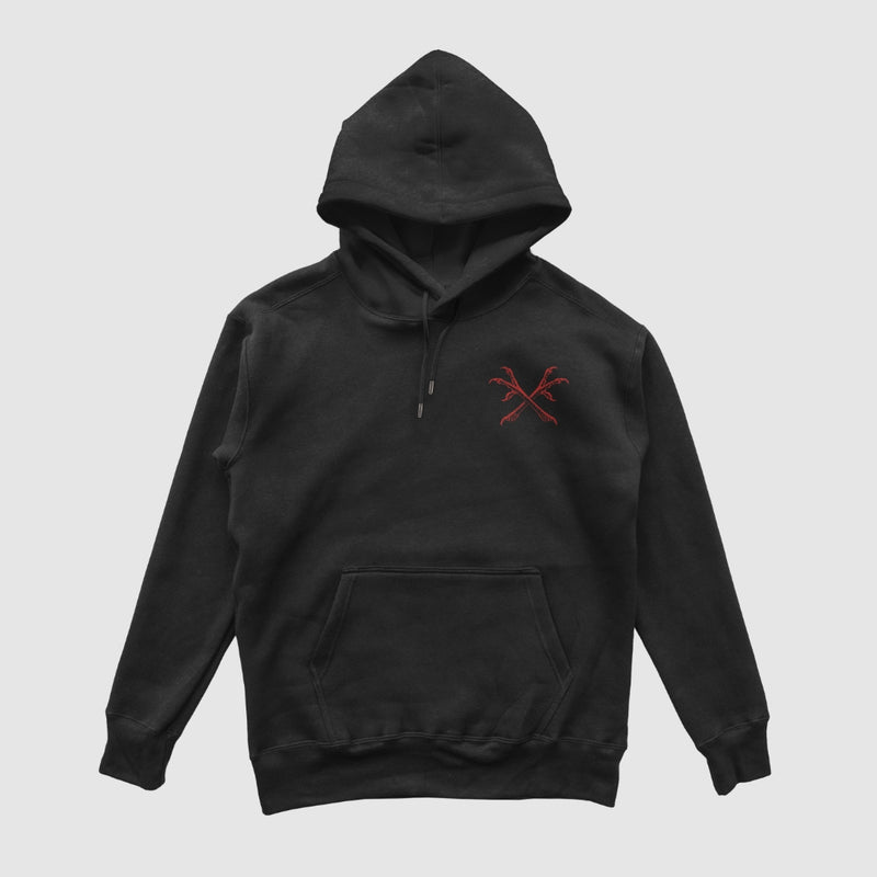 Through Darkness Standard Hoodie — Black — Front (chest crossed scythes)