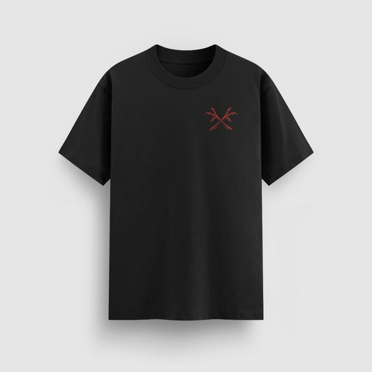Through Darkness Standard Tee — Black — Front (chest crossed scythes)